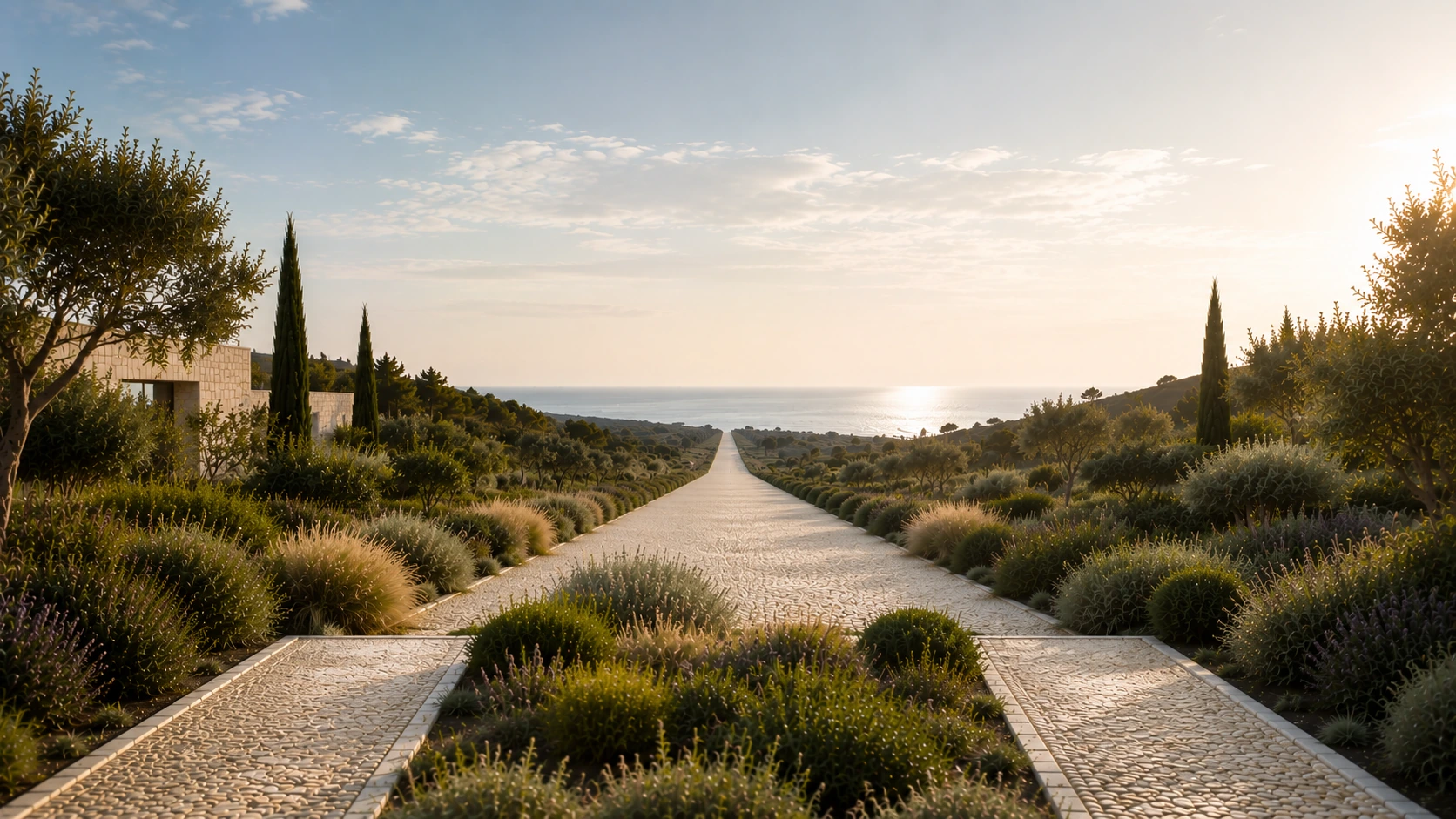 Caminho de pedra entre jardim mediterrânico, vista para o mar